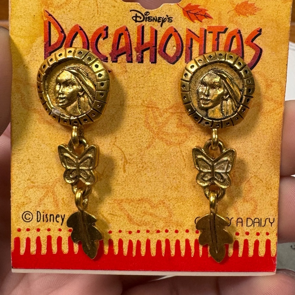 Vintage Disney Pocahontas Gold Butterfly Leaf Post‎ Back Earrings
